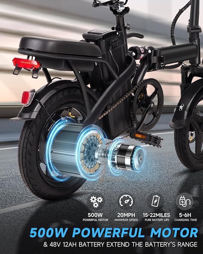 Electric Bike for Adults, Ebike, Electric Bicycle with 576WH Removable Battery,14"/20" Folding Ebike, 20MPH,20+ Miles(MAX),500W High Motor,Multi-Shock Absorption,UL 2849,Commuting Mini E Bikes