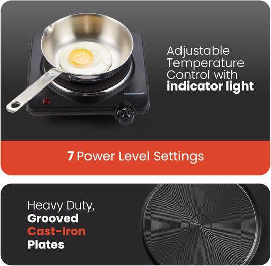 Elite Gourmet ESB-301BF Countertop Single Cast Iron Burner, 1000 Watts Electric Hot Plate, Temperature Controls, Power Indicator Lights, Easy to Clean, Black